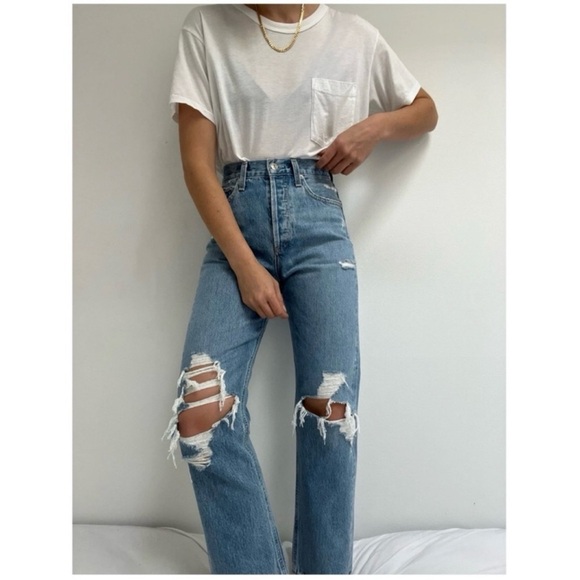 Agolde Denim - Agolde Light Blue High-Rise Distressed Jeans